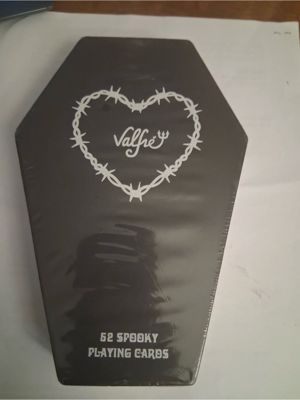 Valfre Black Coffin Playing Cards with White Barbed-Heart Graphic